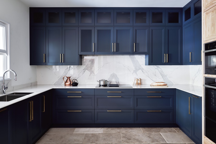 Most Popular Cabinet Color, blue kitchen cabinets, modern farmhouse kitchen, open shelving, butcher block countertops, glass kitchen cabinets