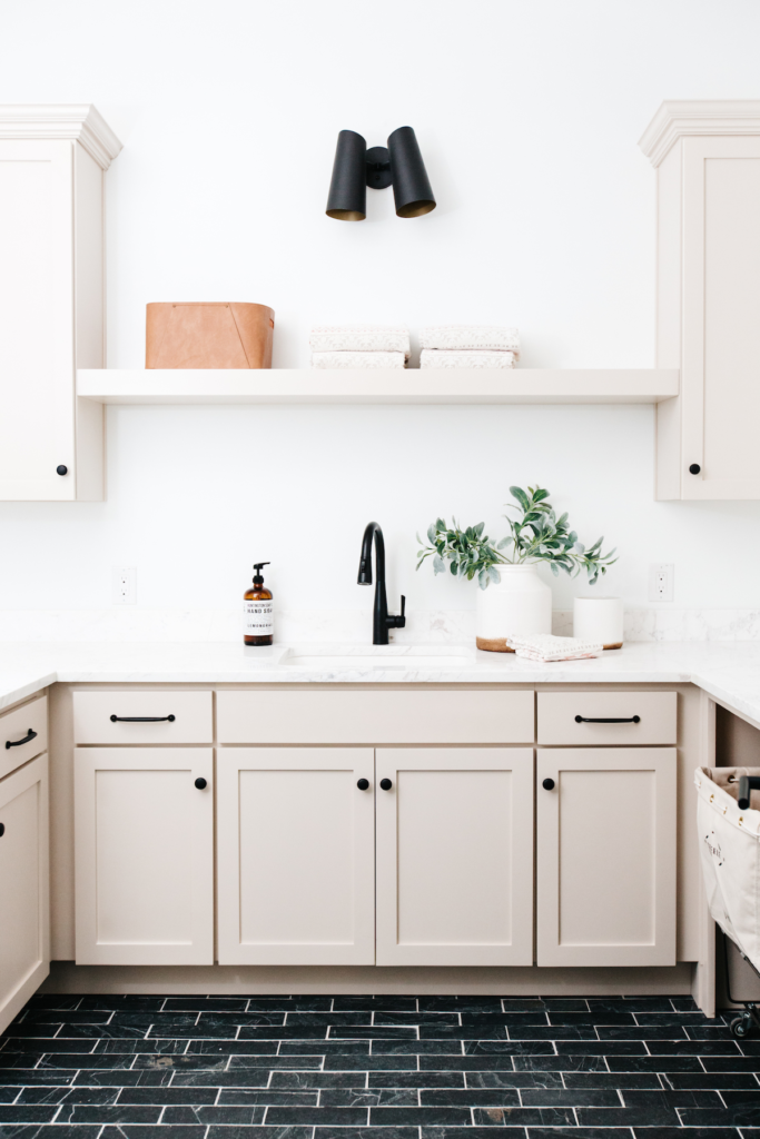 Most Popular Cabinet Color, cream kitchen cabinets, modern farmhouse kitchen, open shelving, butcher block countertops, glass kitchen cabinets