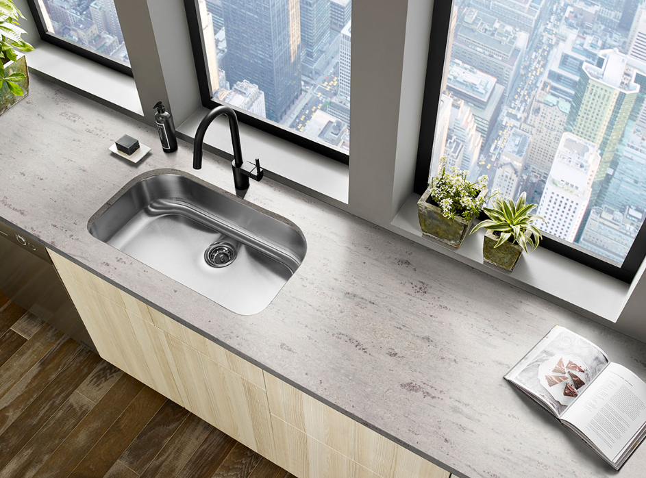 river white granite modern kitchen design, stainless steel sink black faucet