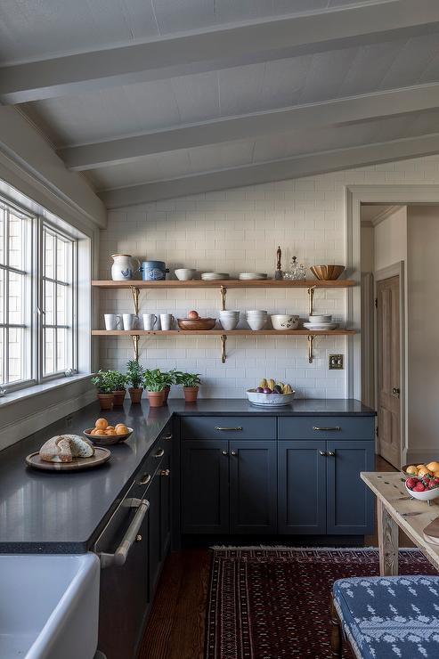 black galaxy granite countertop modern kitchen design, blue cabinets