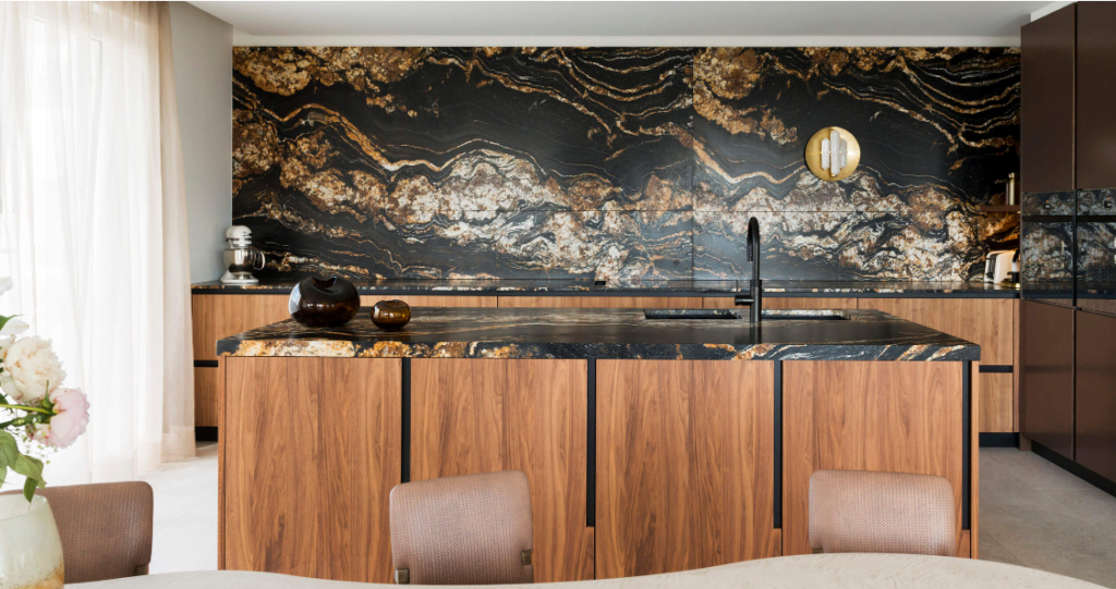 modern kitchen design, wood cabinets, black taurus marble backsplash and countertops on kitchen island