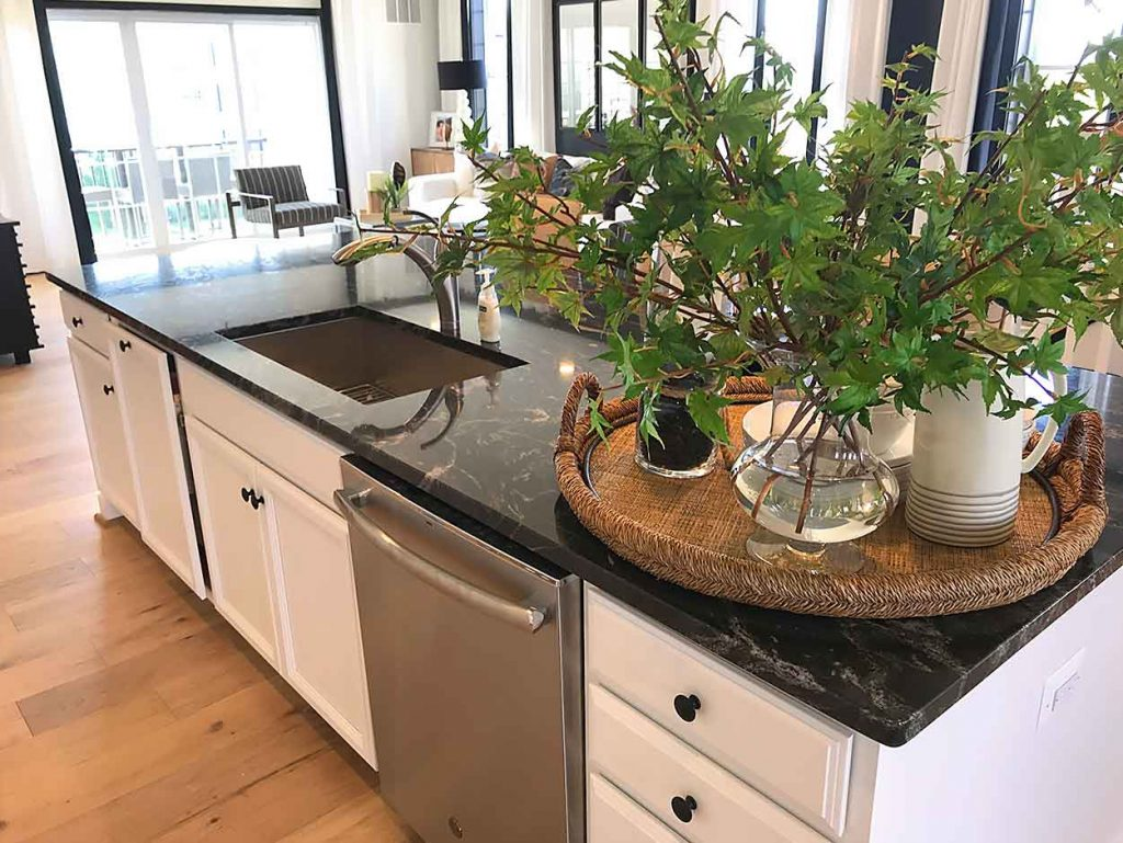 via lactea kitchen countertops white cabinets stainless steel sink