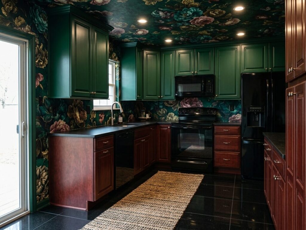 image showing kitchen with cherry wood cabinets, black countertops, floral wallpaper on walls and ceilings, and black tiles