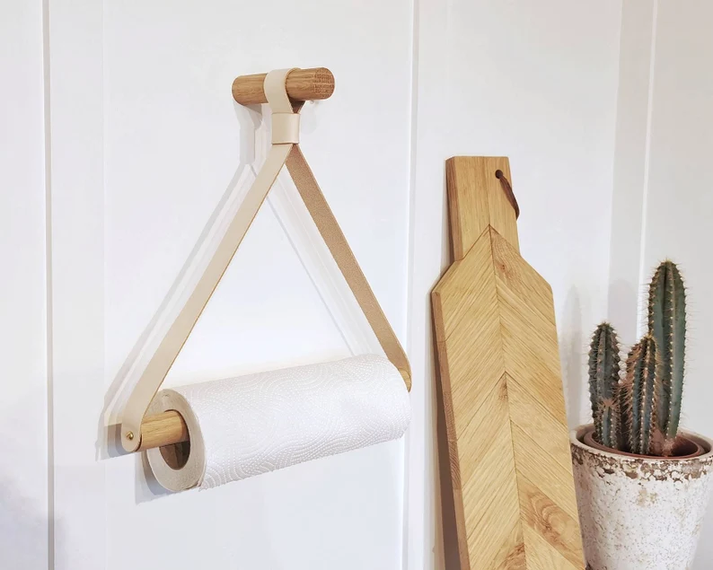 wooden paper towel holder with leather hangs: hanging kitchen roll holder with leather details | paper towel holder ideas