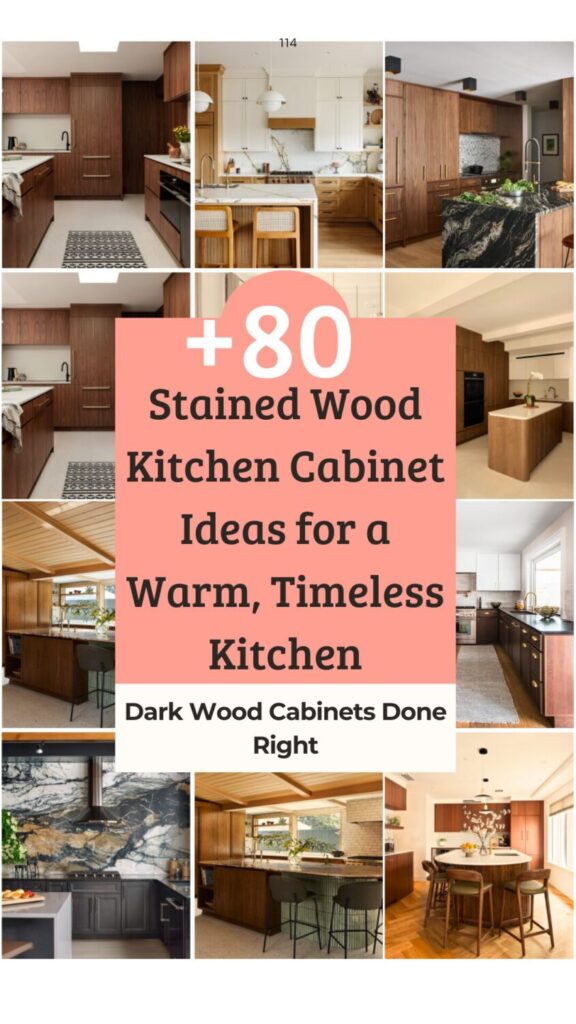 Pinterest collage of small kitchen remodel ideas featuring stained wood cabinets, warm wood islands, white counters, and modern kitchen layouts.
