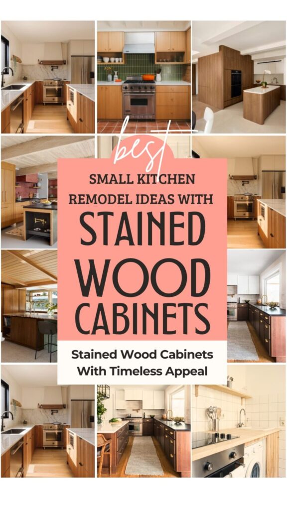 Collage-style Pinterest pin showing small kitchen remodel inspiration with stained wood cabinets, warm wood islands, white counters, and modern kitchen layouts.