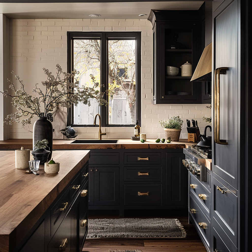 Butcher Block Countertops with Black Cabinets