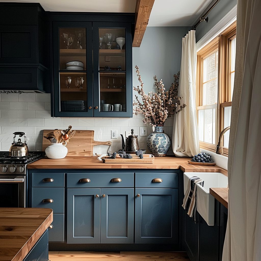 Butcher Block Countertops with Blue Cabinets