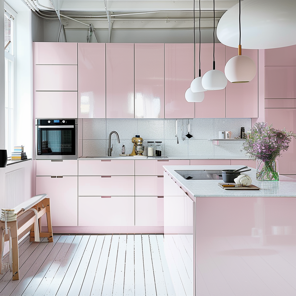 Most Popular Cabinet Color, pink kitchen cabinets, modern farmhouse kitchen, open shelving, butcher block countertops, glass kitchen cabinets