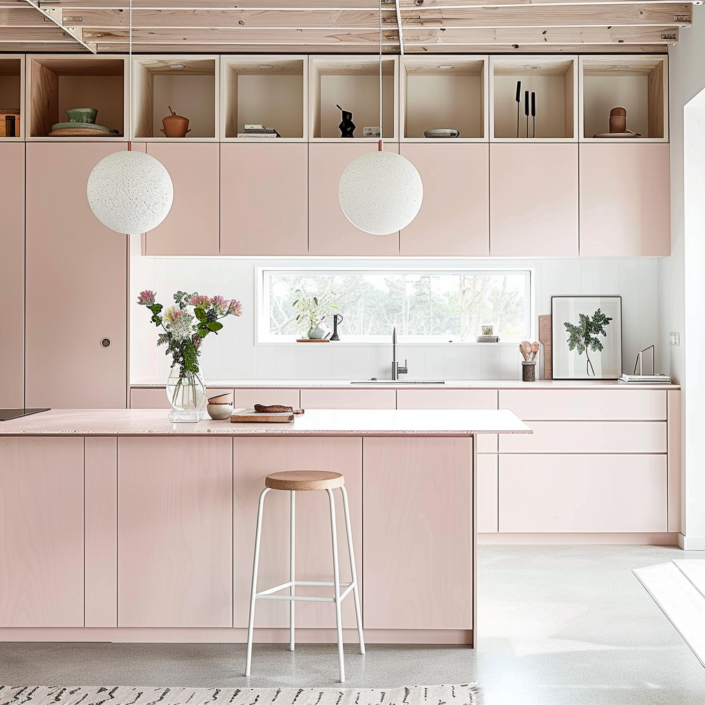 Most Popular Cabinet Color, pink kitchen cabinets, modern farmhouse kitchen, open shelving, butcher block countertops, glass kitchen cabinets