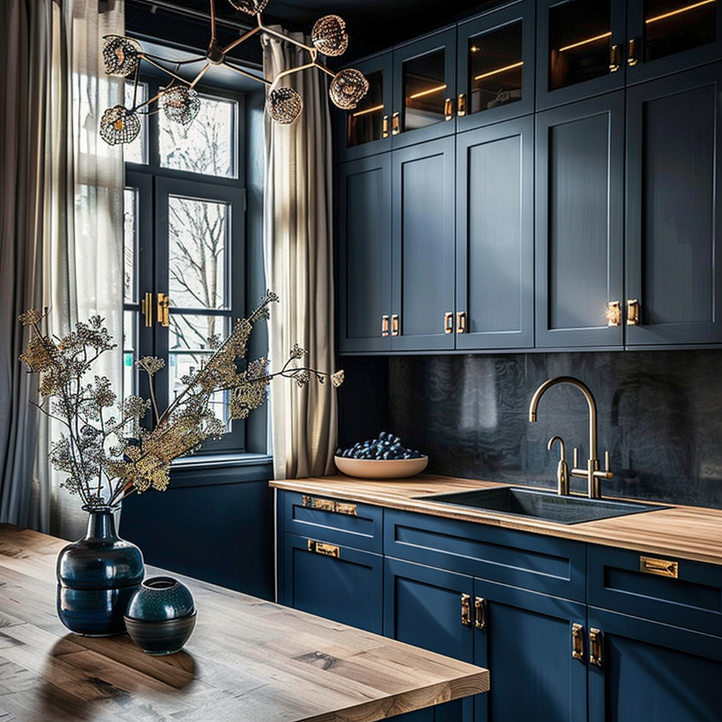 Most Popular Cabinet Color, blue kitchen cabinets, modern farmhouse kitchen, open shelving, butcher block countertops, glass kitchen cabinets