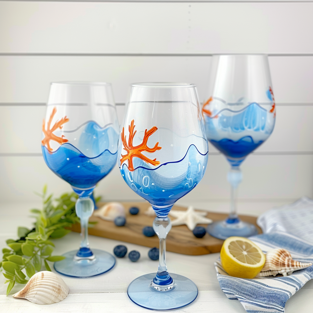 Beach-themed wine glass painting ideas, nautical, 