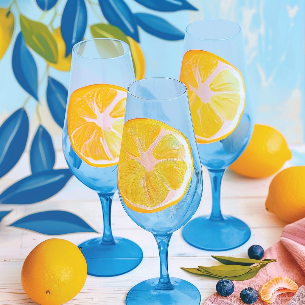 Wine glass painting ideas fruit, watermelon, oranges, lemon