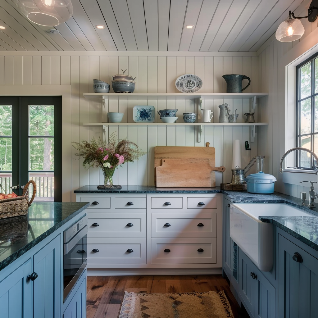 Most Popular Cabinet Color, blue kitchen cabinets, modern farmhouse kitchen, open shelving