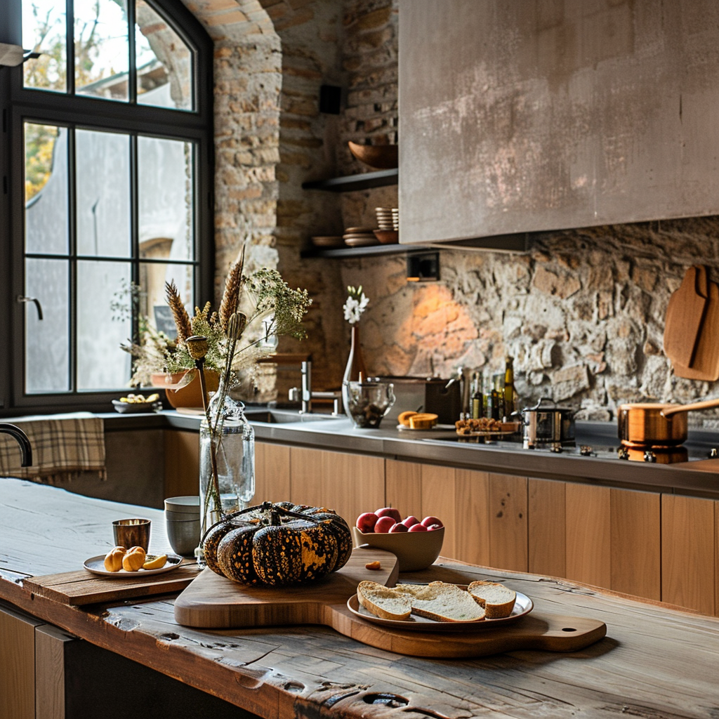 Rustic Modern Kitchen, fall kitchen decor, open shelving, wood kitchen cabinets, wooden beams, quartzite countertops, taj mahal quartzite countertops, autumn kitchen decor