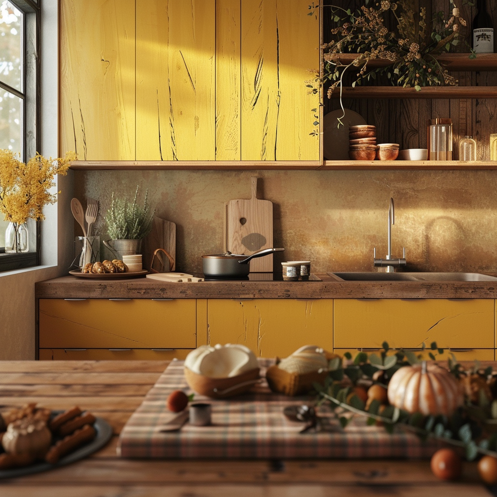 Rustic Modern Kitchen, fall kitchen decor, open shelving, wood kitchen cabinets, wooden beams, quartzite countertops, taj mahal quartzite countertops, autumn kitchen decor