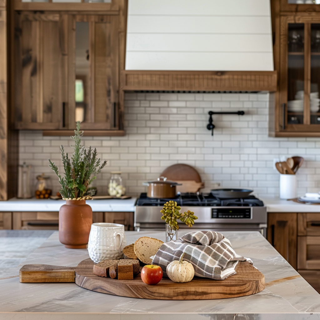 Rustic Modern Kitchen, fall kitchen decor, open shelving, wood kitchen cabinets, wooden beams, quartzite countertops, butcher block countertops, autumn kitchen decor