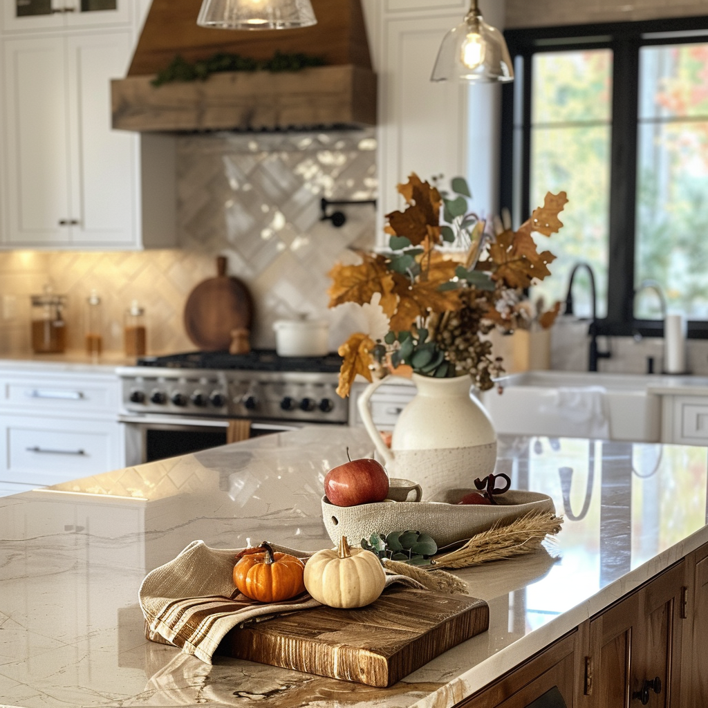 Rustic Modern Kitchen, fall kitchen decor, open shelving, wood kitchen cabinets, wooden beams, quartzite countertops, butcher block countertops, autumn kitchen decor