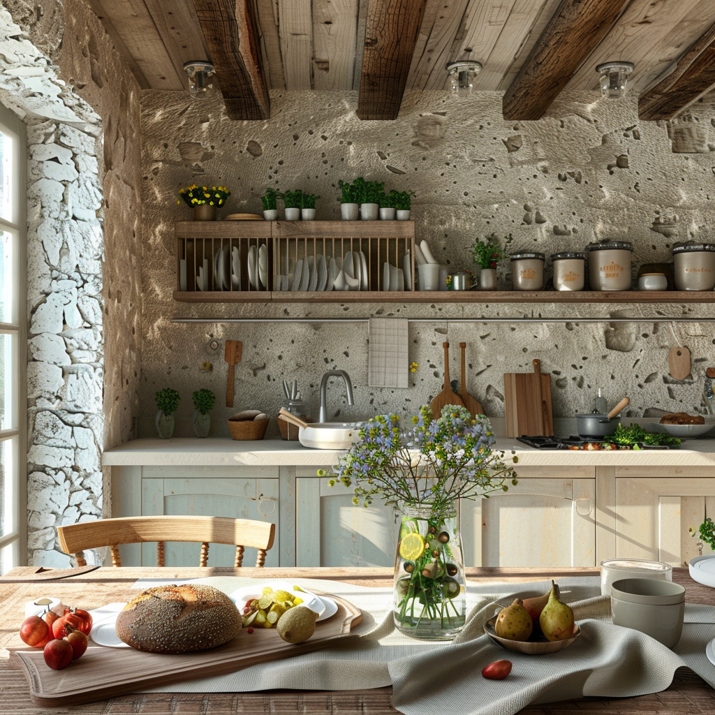 Rustic Modern Kitchen, spring kitchen decor, open shelving, green kitchen cabinets, wooden beams, 