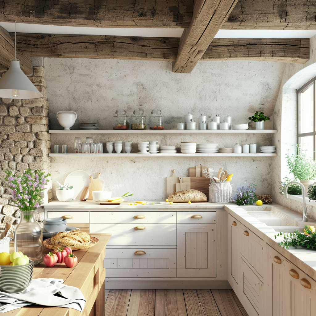 Rustic Modern Kitchen, spring kitchen decor, open shelving, white kitchen cabinets, wooden beams, 