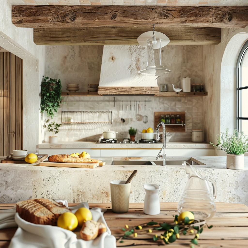 Rustic Modern Kitchen, summer kitchen decor, open shelving, wood kitchen cabinets, wooden beams, 