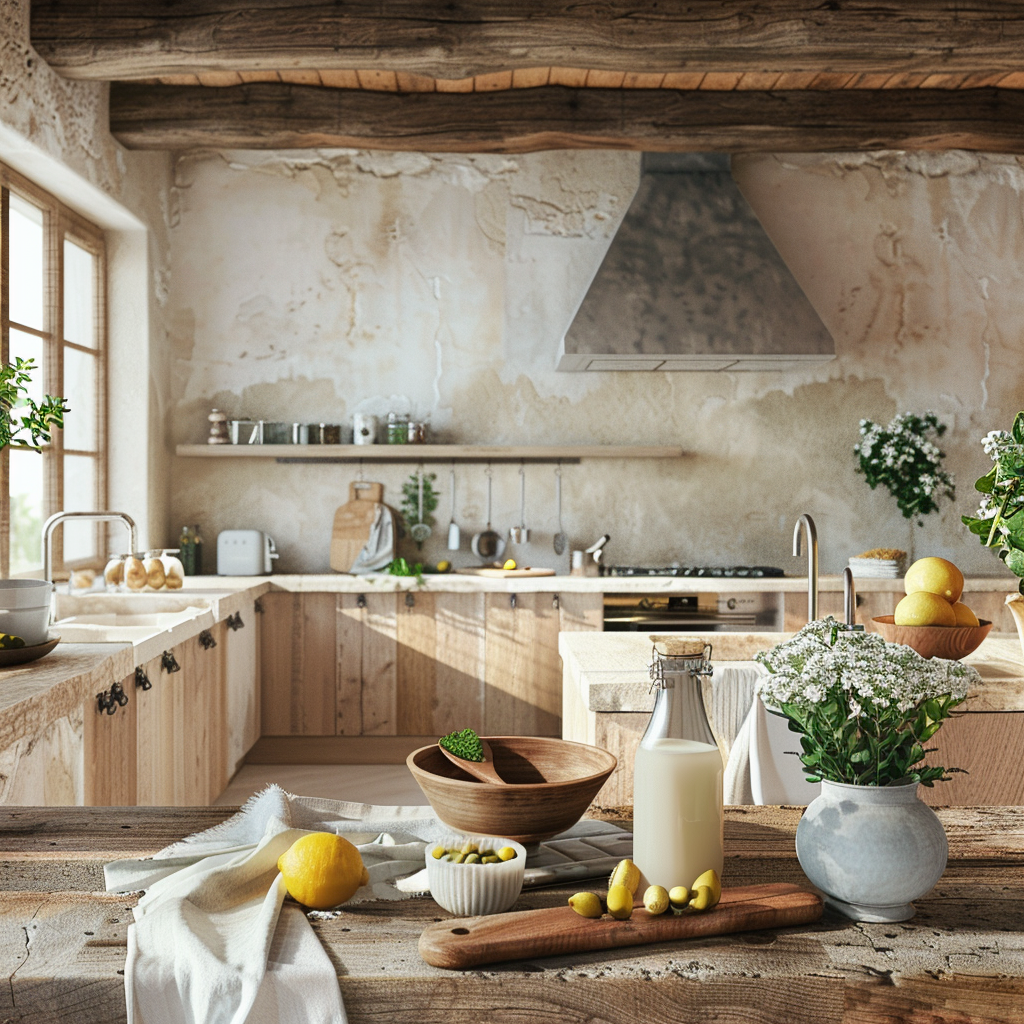 Rustic Modern Kitchen, summer kitchen decor, open shelving, wood kitchen cabinets, wooden beams, 