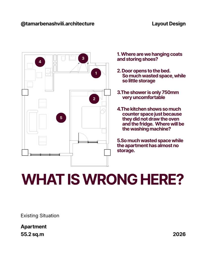 Small apartment layout redesign project starts with identifying the problems first.
