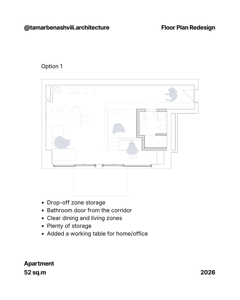 small studio apartment layout with home office desk, large dining table, small kitchen and a couch