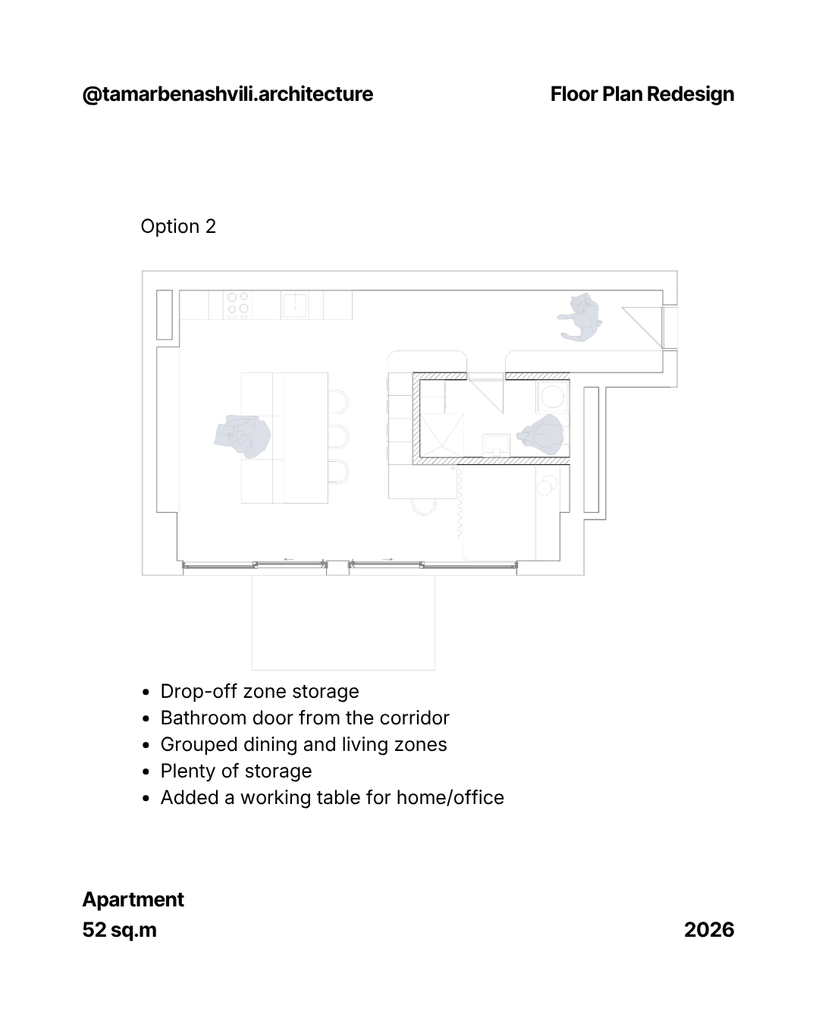 small studio apartment layout with home office desk, large dining table, small kitchen and a couch