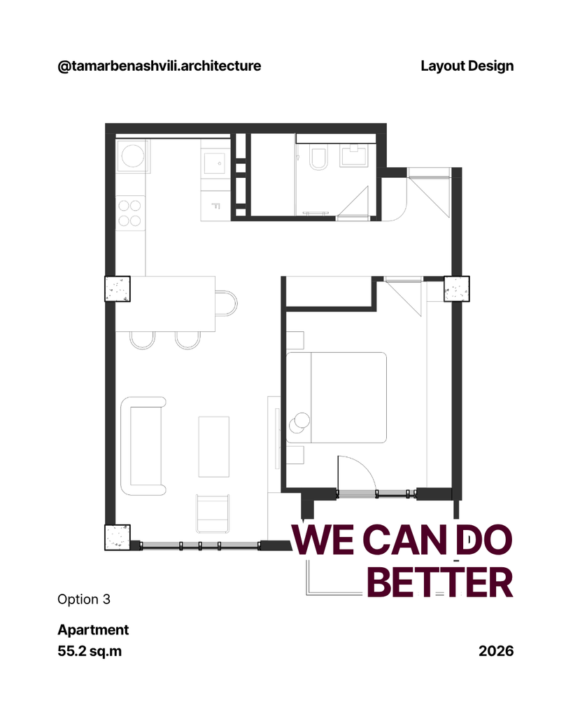 Small apartment layout redesign project Option 3