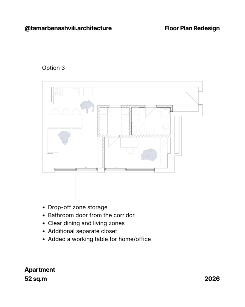 small studio apartment layout with separate bedroom, wardrobe room, home office desk, large dining table, small kitchen and a couch